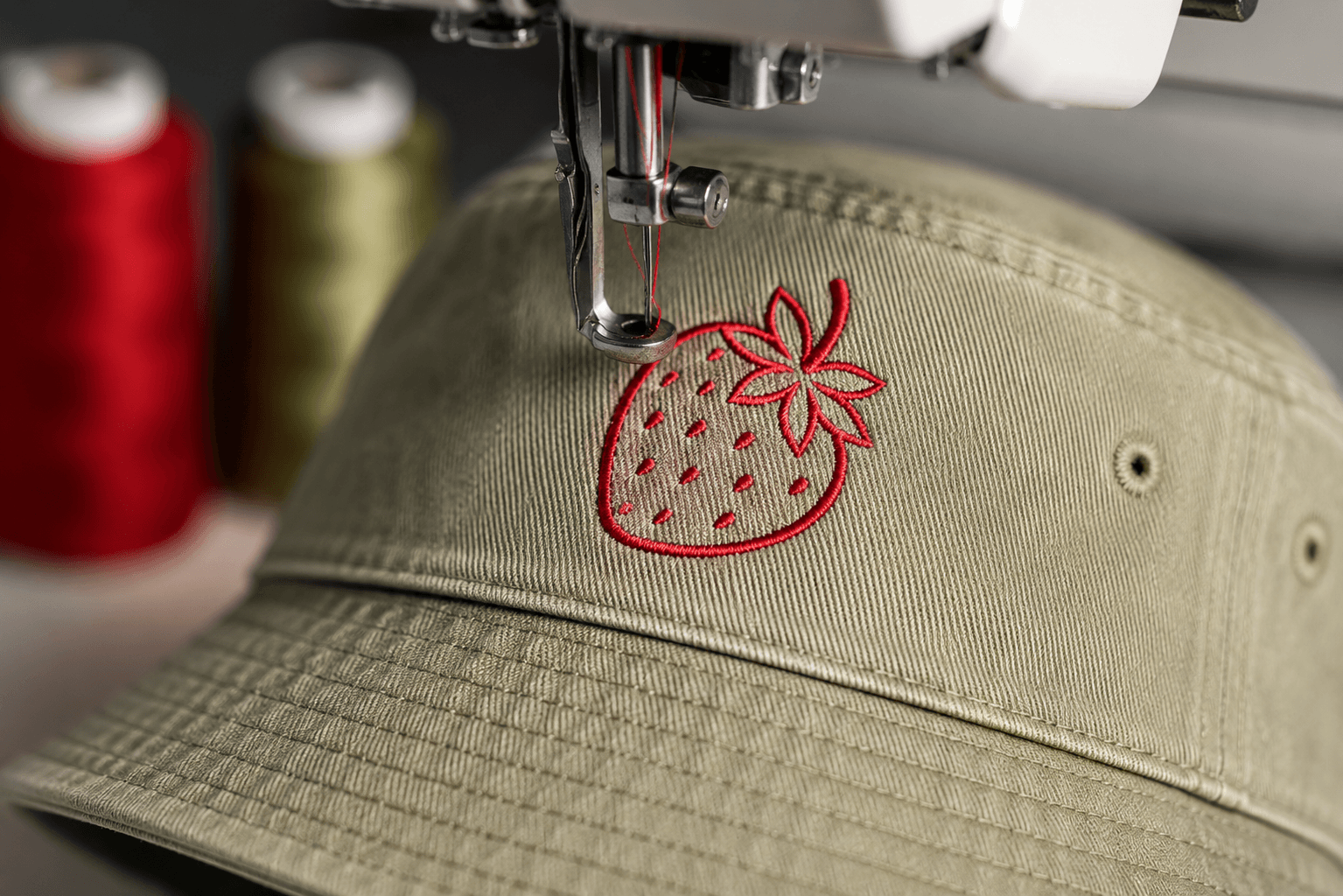 Proceso de bordado sobre gorra